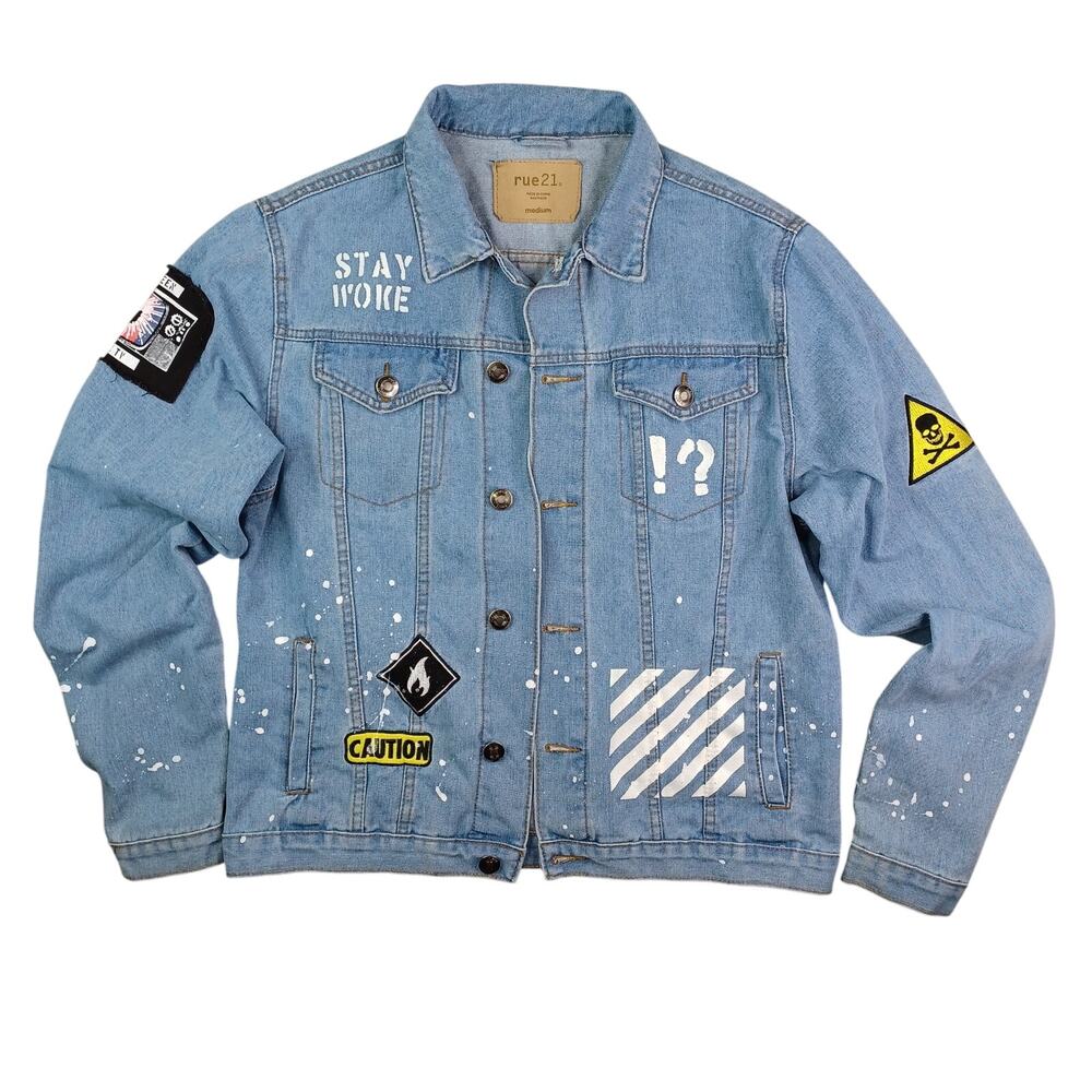 90s Denim Trucker Jacket Mens M Y2K Brooklyn Cloth Streetwear Stay Woke Patches